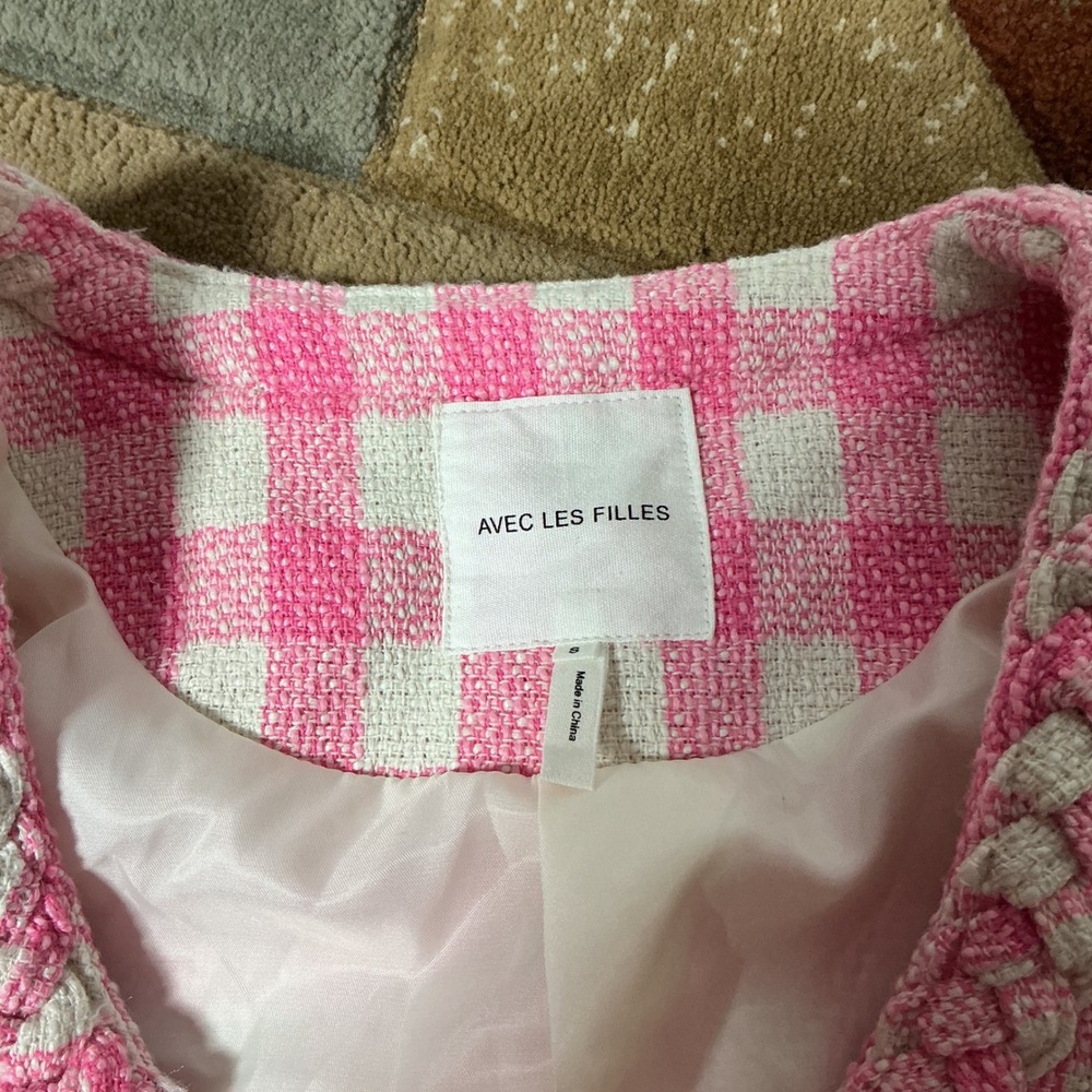 Avec Les Filles Coquette Gingham Tweed Cropped Blazer Women S Pink Plaid Braided - Picture 4 of 6